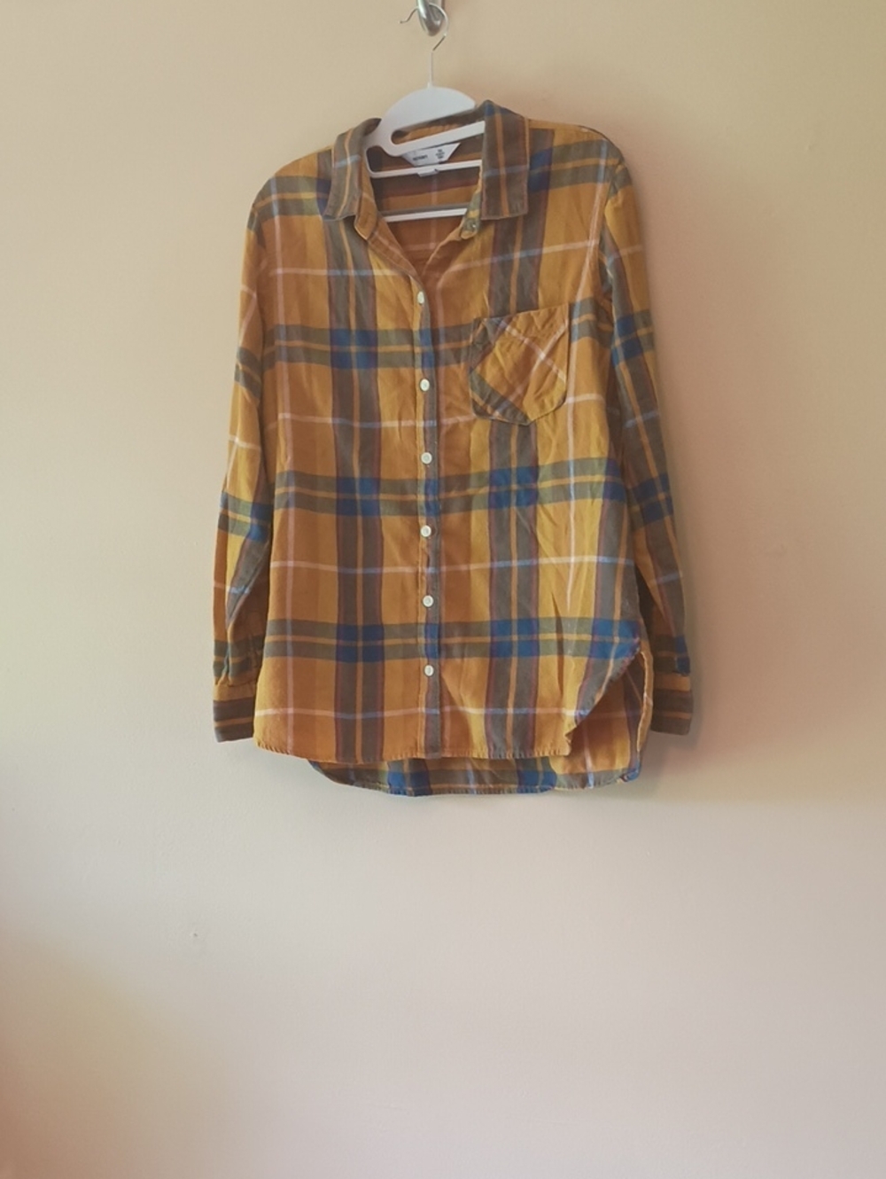 Old Navy Mustard Plaid 100% Cotton Button-Down Shirt, Sz L